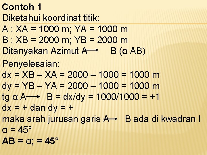 Contoh 1 Diketahui koordinat titik: A : XA = 1000 m; YA = 1000 Contoh 1 Diketahui koordinat titik: A : XA = 1000 m; YA = 1000