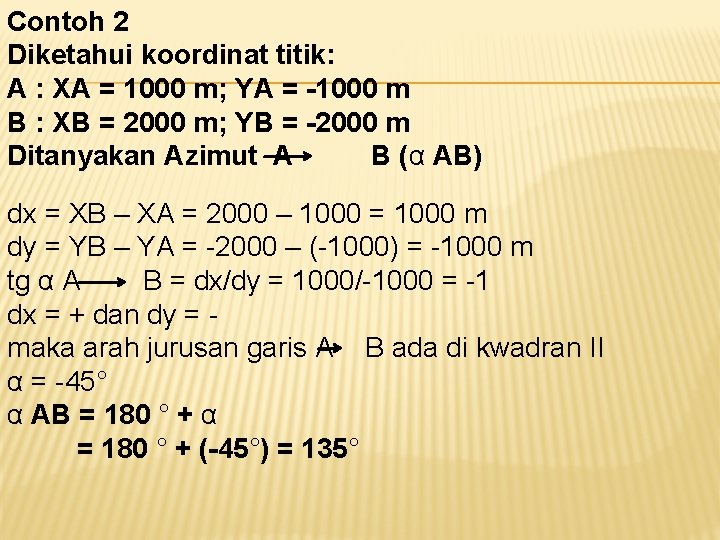 Contoh 2 Diketahui koordinat titik: A : XA = 1000 m; YA = -1000 Contoh 2 Diketahui koordinat titik: A : XA = 1000 m; YA = -1000