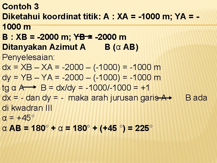 Contoh 3 Diketahui koordinat titik: A : XA = -1000 m; YA = 1000 Contoh 3 Diketahui koordinat titik: A : XA = -1000 m; YA = 1000