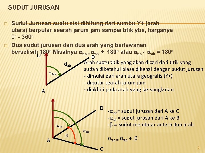 SUDUT JURUSAN � � Sudut Jurusan suatu sisi dihitung dari sumbu Y+ (arah utara) SUDUT JURUSAN � � Sudut Jurusan suatu sisi dihitung dari sumbu Y+ (arah utara)
