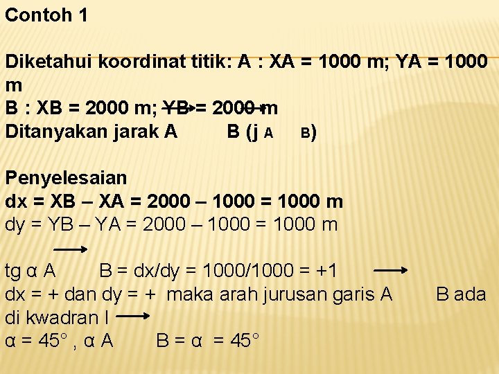 Contoh 1 Diketahui koordinat titik: A : XA = 1000 m; YA = 1000 Contoh 1 Diketahui koordinat titik: A : XA = 1000 m; YA = 1000