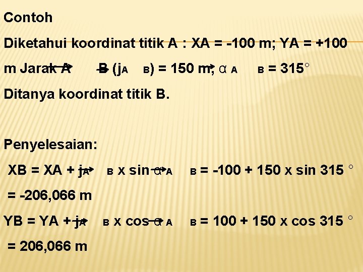 Contoh Diketahui koordinat titik A : XA = -100 m; YA = +100 m Contoh Diketahui koordinat titik A : XA = -100 m; YA = +100 m