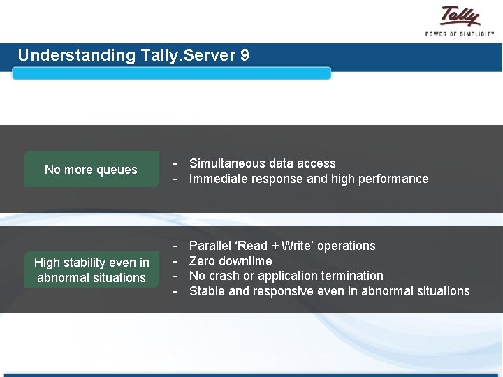 Understanding Tally. Server 9 No more queues High stability even in abnormal situations -