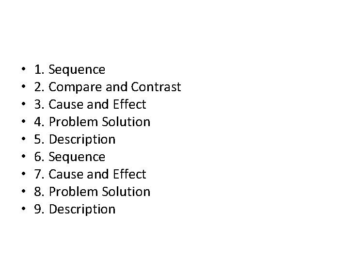  • • • 1. Sequence 2. Compare and Contrast 3. Cause and Effect