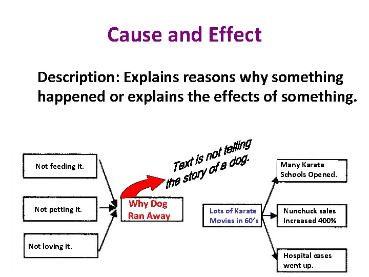 Cause and Effect Description: Explains reasons why something happened or explains the effects of