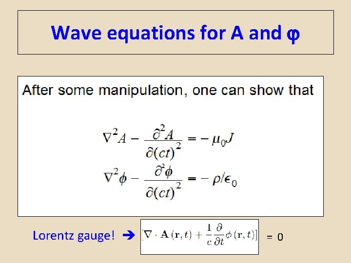 Wave equations for A and Lorentz gauge! = 0 