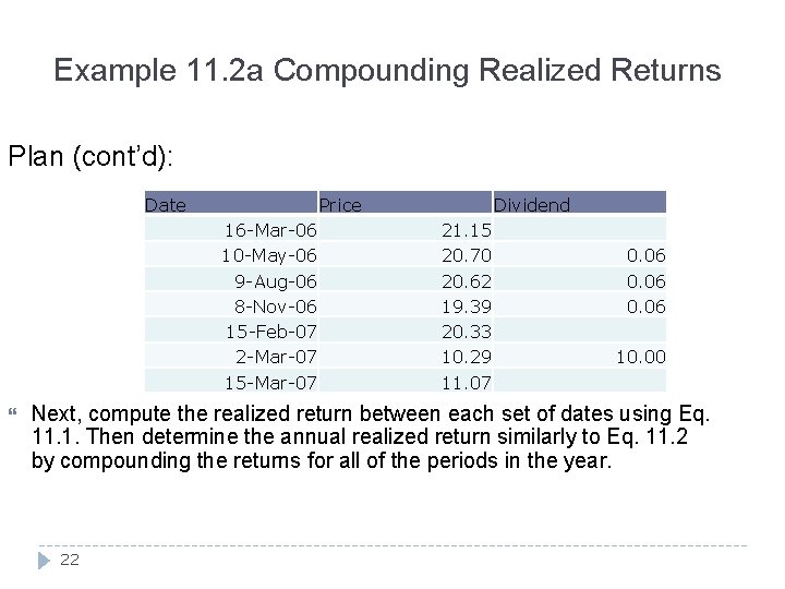 Example 11. 2 a Compounding Realized Returns Plan (cont’d): Date Price 16 -Mar-06 10