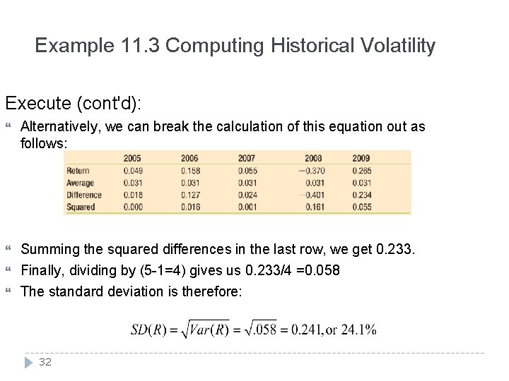 Example 11. 3 Computing Historical Volatility Execute (cont'd): Alternatively, we can break the calculation