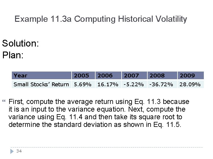 Example 11. 3 a Computing Historical Volatility Solution: Plan: Year 2005 Small Stocks’ Return