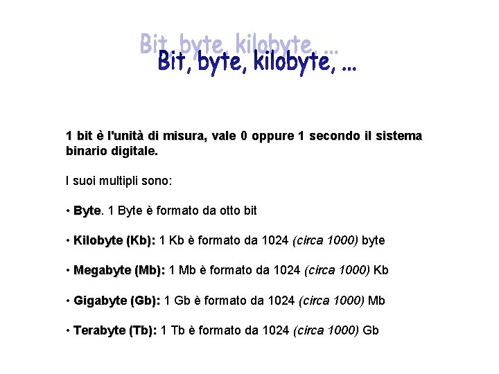 1 bit è l'unità di misura, vale 0 oppure 1 secondo il sistema binario