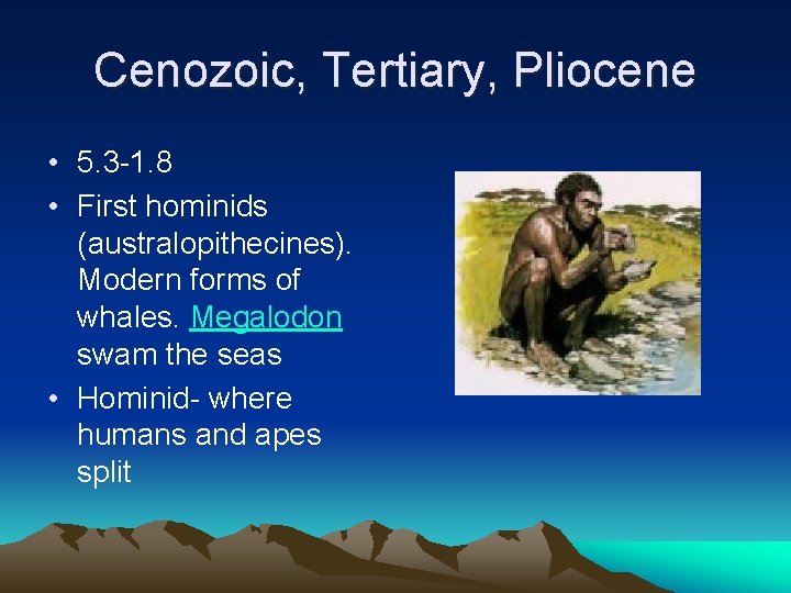 Cenozoic, Tertiary, Pliocene • 5. 3 -1. 8 • First hominids (australopithecines). Modern forms