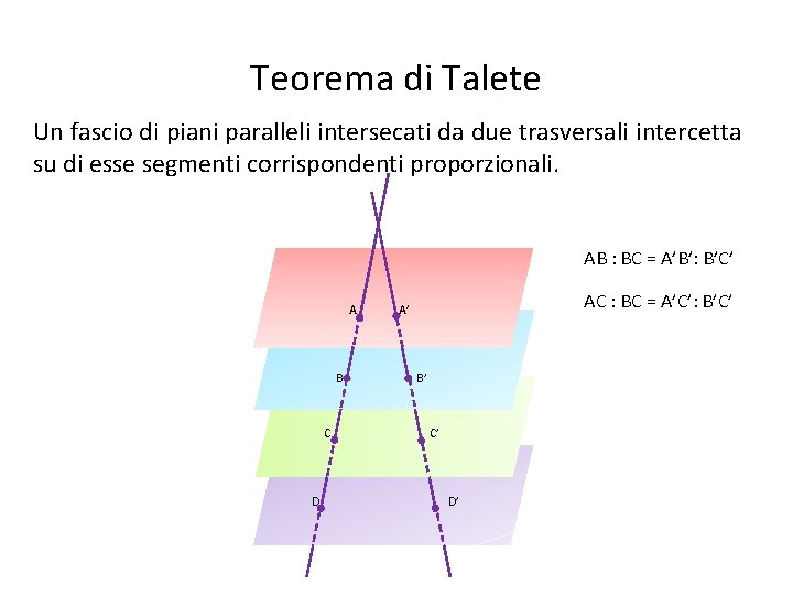 Teorema di Talete Un fascio di piani paralleli intersecati da due trasversali intercetta su