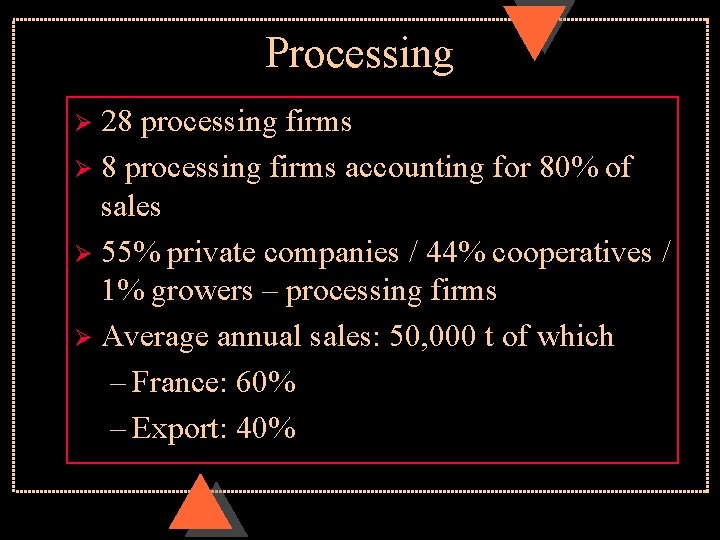 Processing 28 processing firms Ø 8 processing firms accounting for 80% of sales Ø