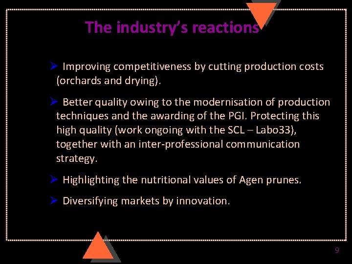 The industry’s reactions Ø Improving competitiveness by cutting production costs (orchards and drying). Ø