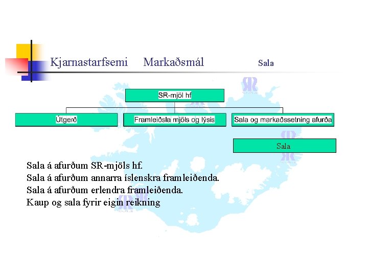 Kjarnastarfsemi Markaðsmál Sala á afurðum SR-mjöls hf. Sala á afurðum annarra íslenskra framleiðenda. Sala