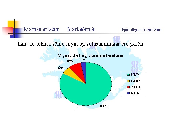 Kjarnastarfsemi Markaðsmál Fjármögnun á birgðum Lán eru tekin í sömu mynt og sölusamningar eru