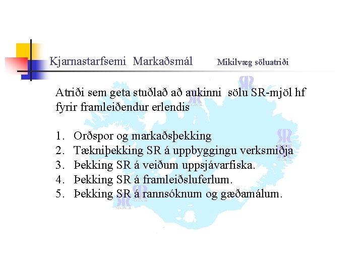 Kjarnastarfsemi Markaðsmál Mikilvæg söluatriði Atriði sem geta stuðlað að aukinni sölu SR-mjöl hf fyrir