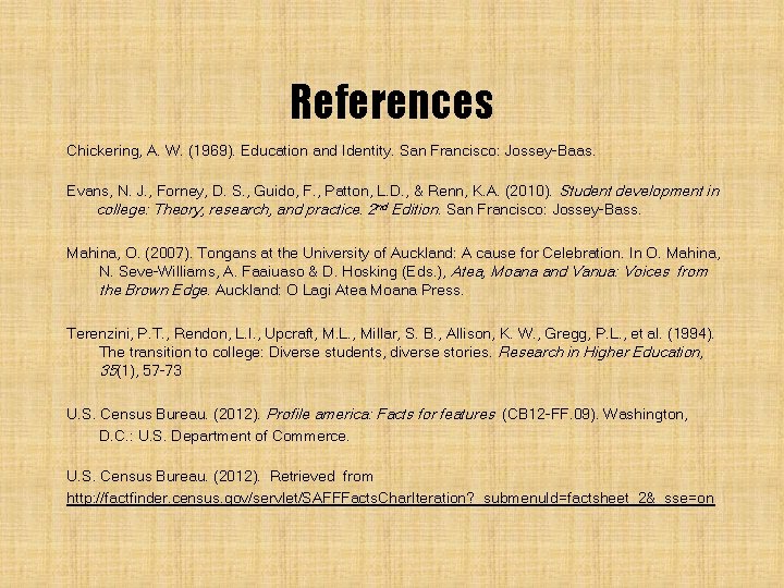 References Chickering, A. W. (1969). Education and Identity. San Francisco: Jossey-Baas. Evans, N. J. References Chickering, A. W. (1969). Education and Identity. San Francisco: Jossey-Baas. Evans, N. J.