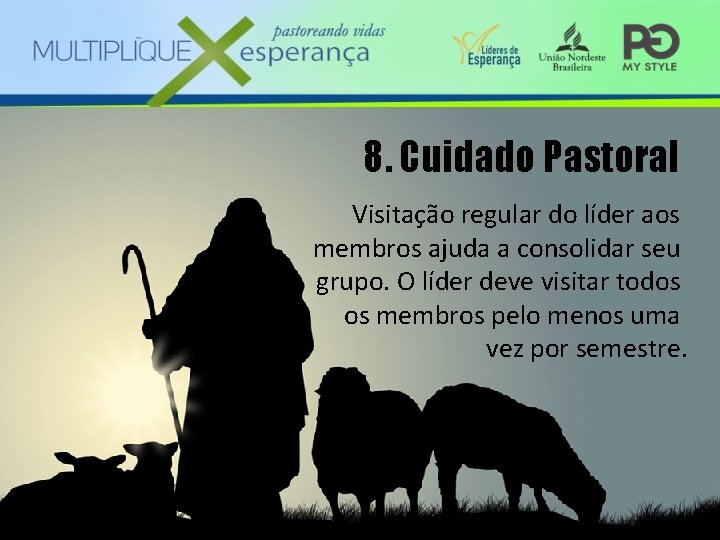 8. Cuidado Pastoral Visitação regular do líder aos membros ajuda a consolidar seu grupo.