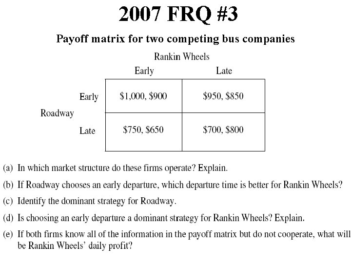 2007 FRQ #3 Payoff matrix for two competing bus companies 