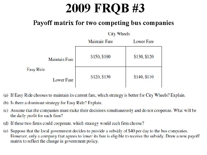 2009 FRQB #3 Payoff matrix for two competing bus companies 