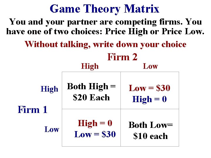 Game Theory Matrix You and your partner are competing firms. You have one of