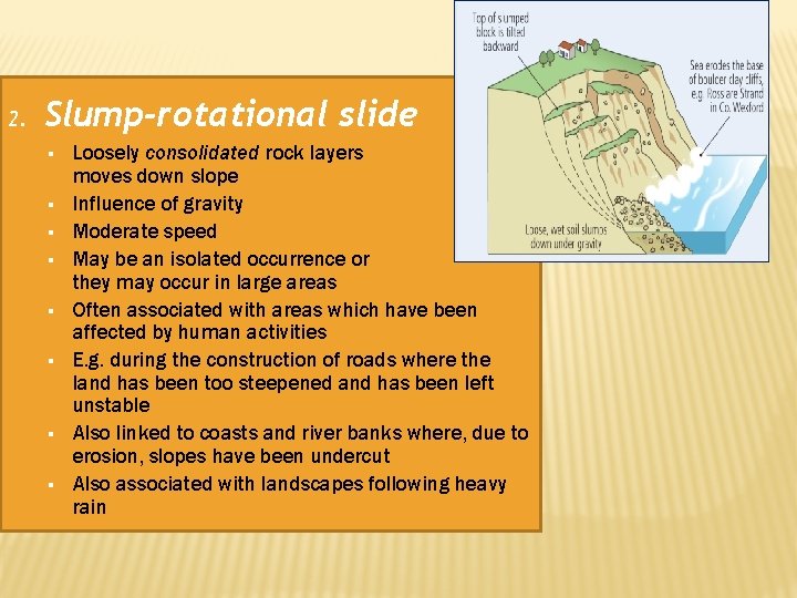 2. Slump-rotational slide § § § § Loosely consolidated rock layers moves down slope