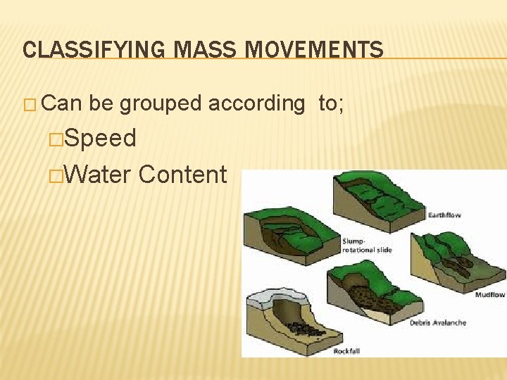 CLASSIFYING MASS MOVEMENTS � Can be grouped according to; �Speed �Water Content 