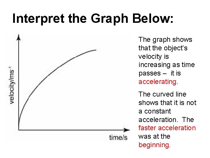 Interpret the Graph Below: The graph shows that the object’s velocity is increasing as