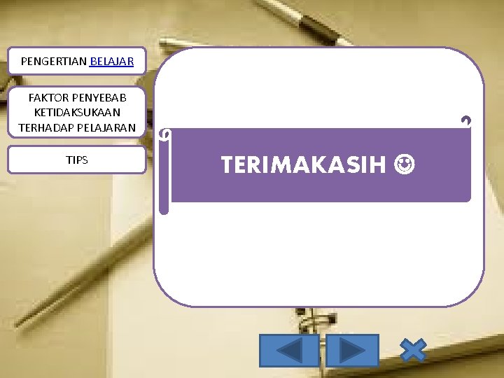PENGERTIAN BELAJAR FAKTOR PENYEBAB KETIDAKSUKAAN TERHADAP PELAJARAN TIPS TERIMAKASIH 