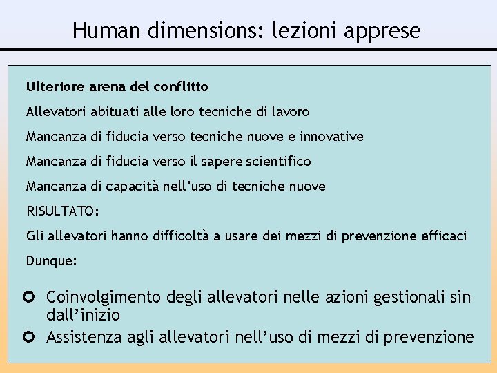 Human dimensions: lezioni apprese Ulteriore arena del conflitto Allevatori abituati alle loro tecniche di