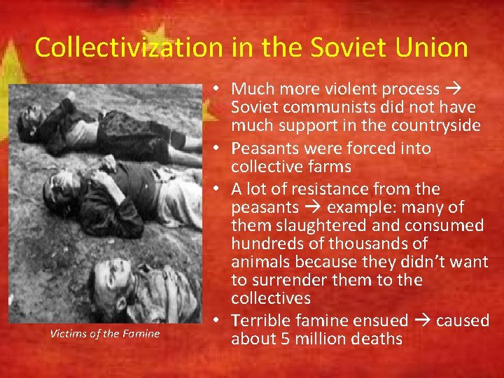 Collectivization in the Soviet Union Victims of the Famine • Much more violent process