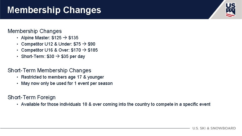 Membership Changes • • Alpine Master: $125 $135 Competitor U 12 & Under: $75
