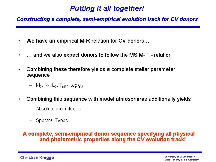 Putting it all together! Constructing a complete, semi-empirical evolution track for CV donors •