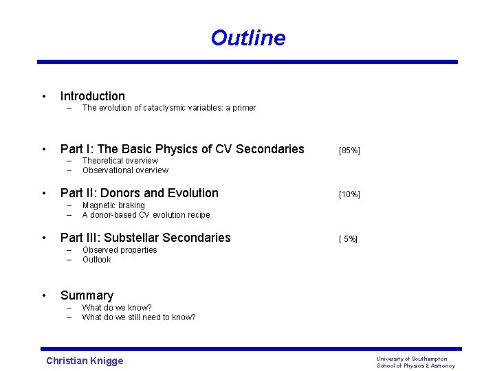 Outline • Introduction – • Part I: The Basic Physics of CV Secondaries –