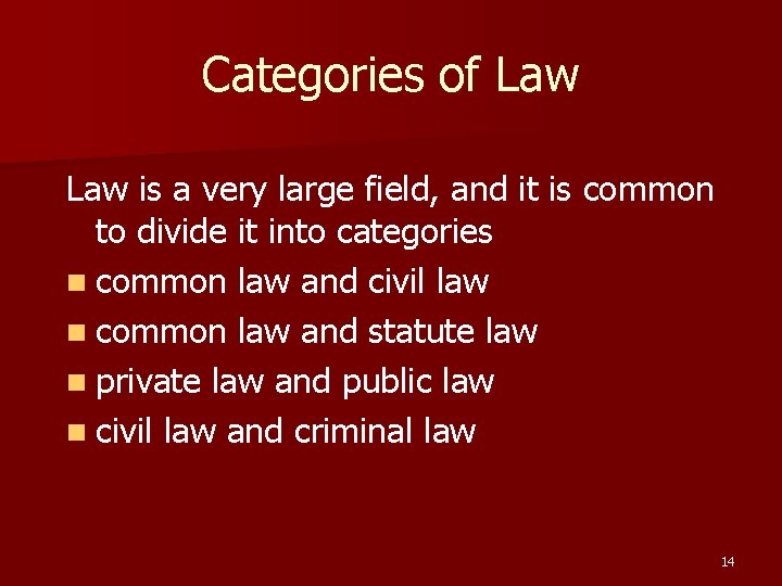 Categories of Law is a very large field, and it is common to divide