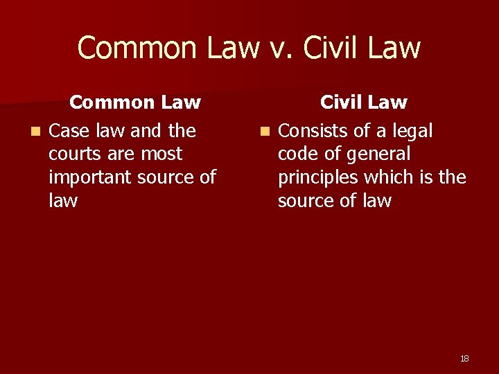 Common Law v. Civil Law Common Law n Case law and the courts are