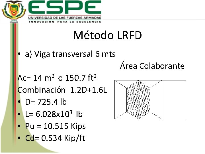 Método LRFD • a) Viga transversal 6 mts Área Colaborante Ac= 14 m 2