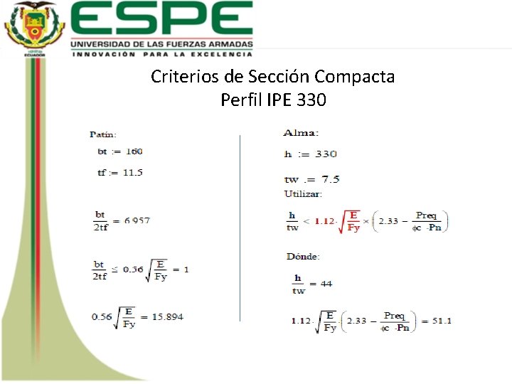 Criterios de Sección Compacta Perfil IPE 330 
