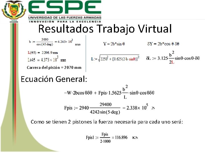 Resultados Trabajo Virtual Carrera del pistón = 2070 mm Ecuación General: Como se tienen