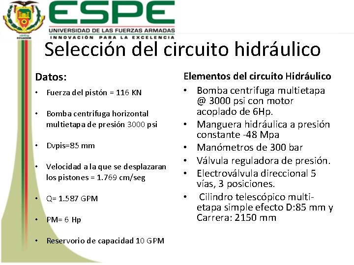 Selección del circuito hidráulico Datos: • Fuerza del pistón = 116 KN • Bomba