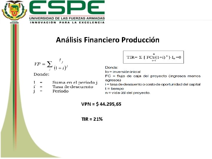 Análisis Financiero Producción VPN = $ 44. 295, 65 TIR = 21% 