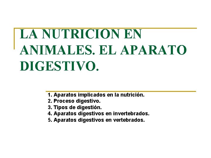 LA NUTRICION EN ANIMALES. EL APARATO DIGESTIVO. 1. Aparatos implicados en la nutrición. 2.