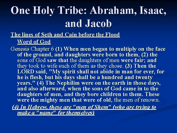 One Holy Tribe: Abraham, Isaac, and Jacob The lines of Seth and Cain before One Holy Tribe: Abraham, Isaac, and Jacob The lines of Seth and Cain before