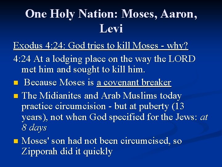 One Holy Nation: Moses, Aaron, Levi Exodus 4: 24: God tries to kill Moses One Holy Nation: Moses, Aaron, Levi Exodus 4: 24: God tries to kill Moses