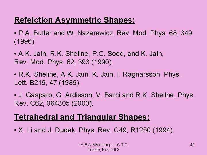 Refelction Asymmetric Shapes: • P. A. Butler and W. Nazarewicz, Rev. Mod. Phys. 68,
