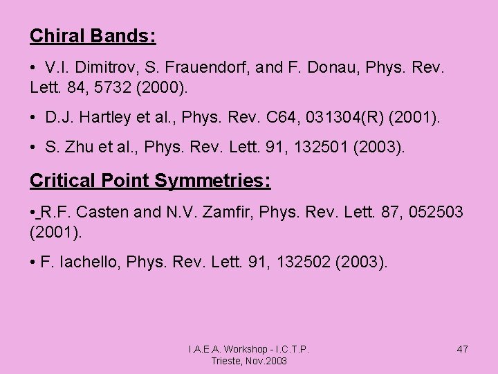 Chiral Bands: • V. I. Dimitrov, S. Frauendorf, and F. Donau, Phys. Rev. Lett.