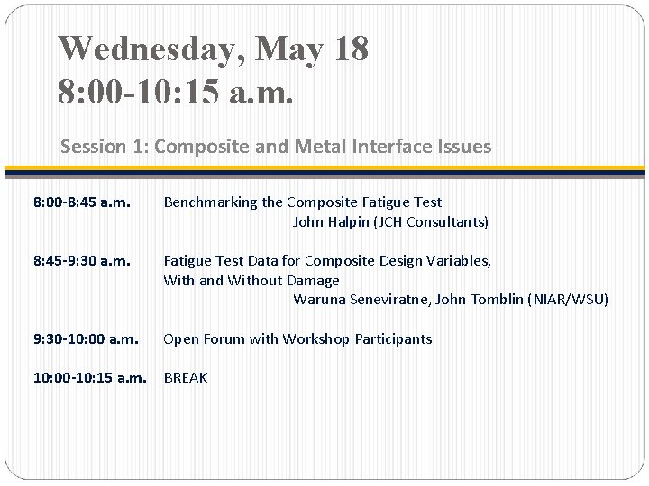 Wednesday, May 18 8: 00 -10: 15 a. m. Session 1: Composite and Metal