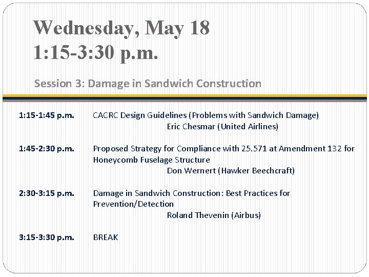 Wednesday, May 18 1: 15 -3: 30 p. m. Session 3: Damage in Sandwich