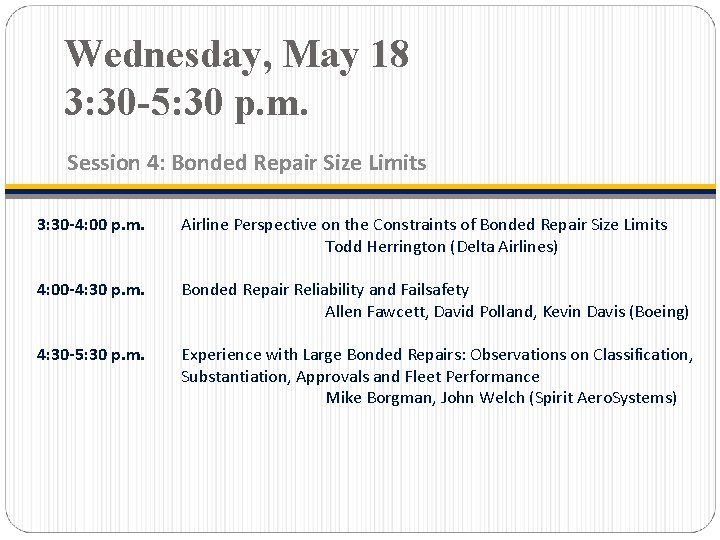 Wednesday, May 18 3: 30 -5: 30 p. m. Session 4: Bonded Repair Size